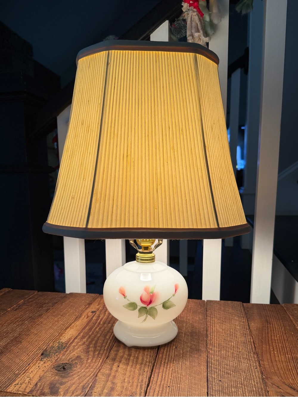 Vintage Floral Milk Glass Table Lamp with Pleated Shade